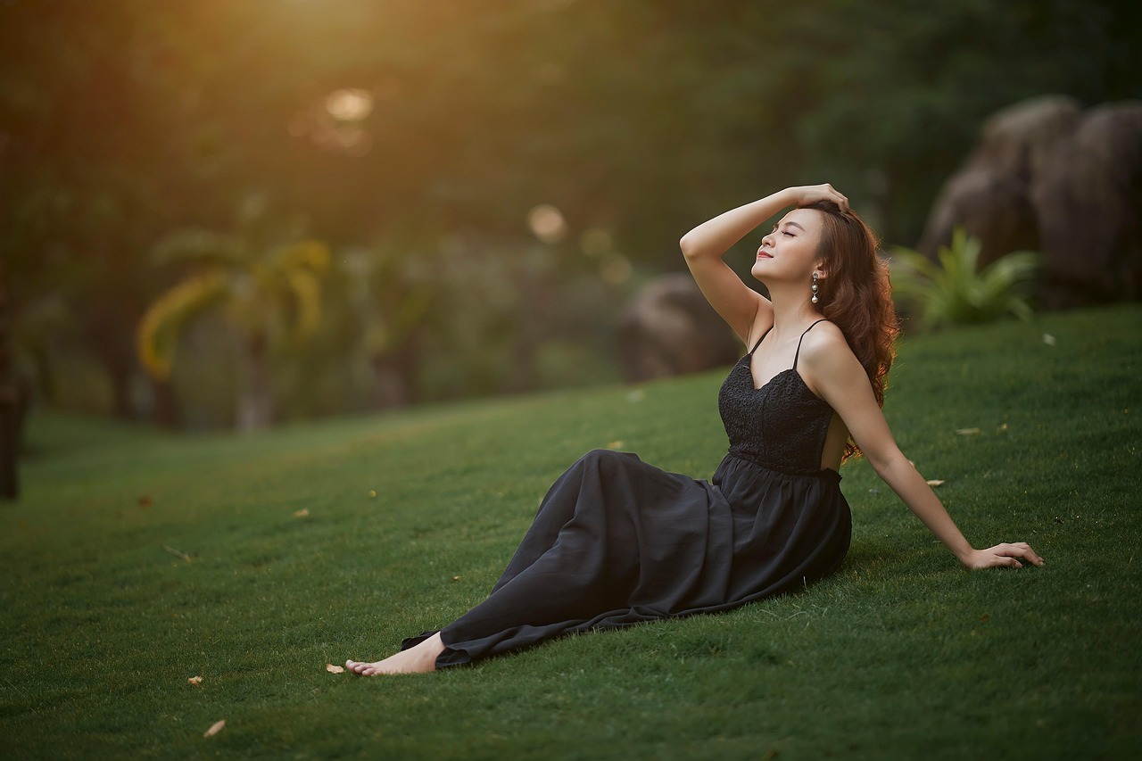 woman, grass, sunset, portrait, dress, countryside, beauty, happiness, nature, lifestyle, garden, model, fashion, style